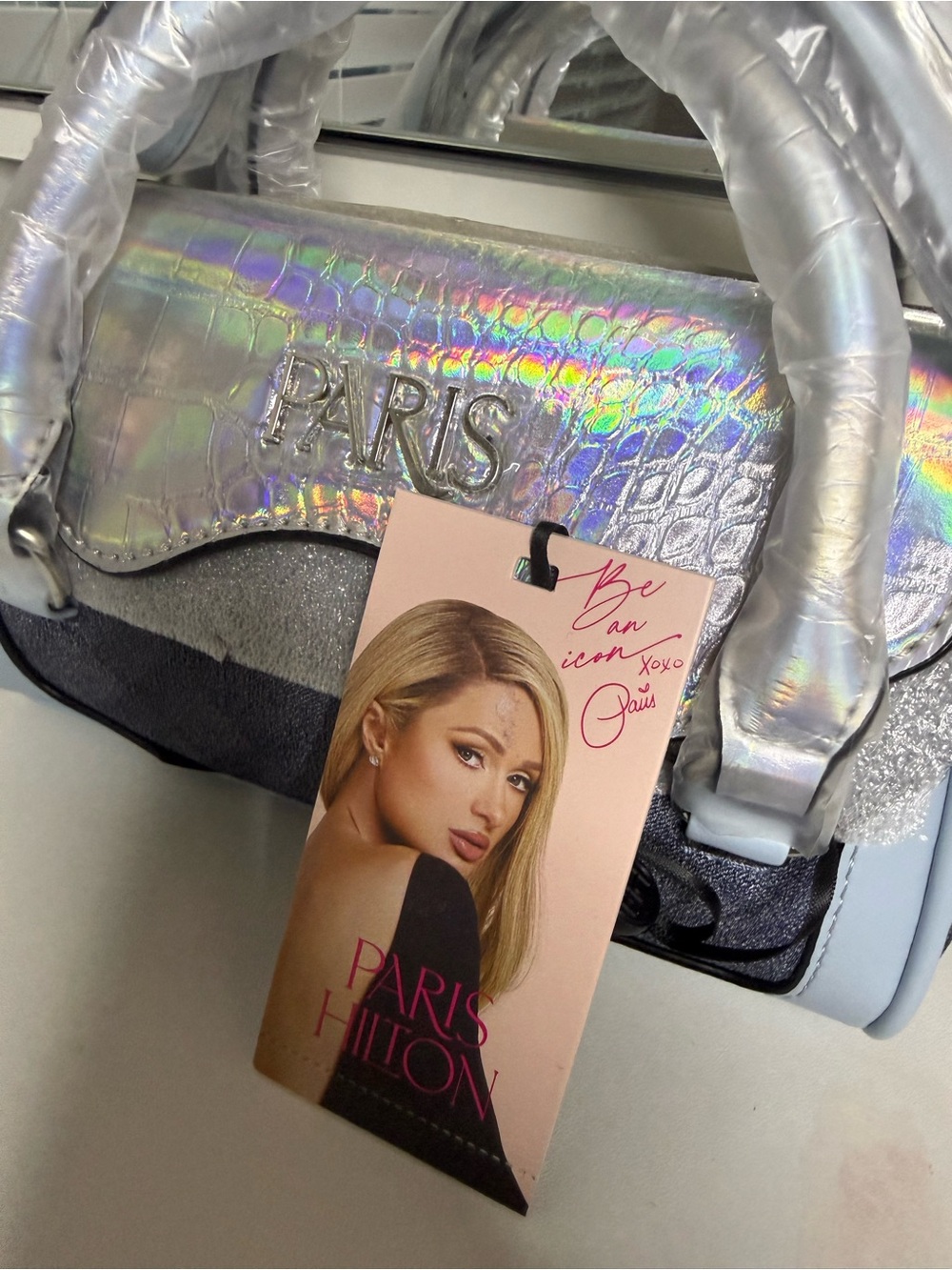 Aris Iridescent Flap Denim Satchel in Light Blue - Picture 2 of 9